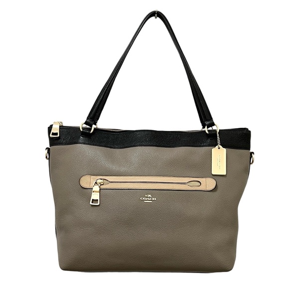 COACH Tyler Leather Colorblock Tote Shoulder Bag Taupe - Picture 1 of 16
